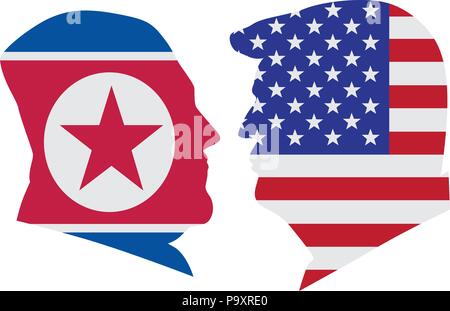 Mai 14, 2018: US-Präsident Donald Trump und Kim Jong Un Silhouetten mit Vereinigten Staaten von Amerika und Nordkorea Flags Abbildung. Bevorstehenden Gipfeltreffen Ju Stock Vektor