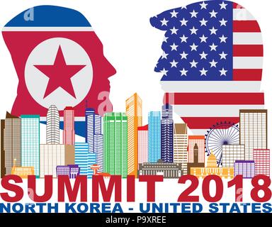 Mai 14, 2018: Präsident Donald Trump und Kim Jong Un Silhouetten mit USA und Nordkorea Flags Gipfel 2018 Singapur Skyline der Stadt Abbildung. Upco Stock Vektor