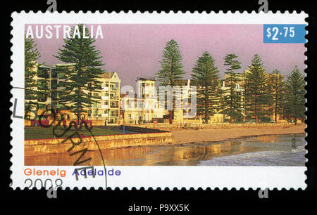 Australien - ca. 2008: einen Stempel in Australien gedruckten zeigt den Glenelg Beach - Seite Vorort der südaustralischen Hauptstadt Adelaide, ca. 2008 Stockfoto