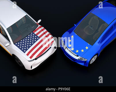 EU- und US-Flaggen auf zwei Automobile Haube. schwarzen Hintergrund. Europa USA Handelskrieg, Amerikanische Tarife Konzept. 3D-Bild. Stockfoto