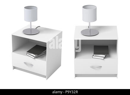 Set aus weißem Nachttisch mit Lampe und Büchern isoliert auf weißem Hintergrund Stockfoto
