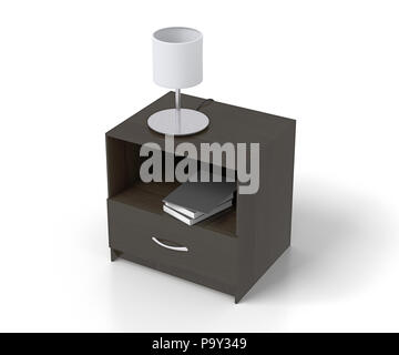 Dunkelbraun Nachttisch mit Lampe und Bücher auf weißem Hintergrund. Mit Beschneidungspfad um Nachttisch isoliert. 3D-Darstellung Stockfoto