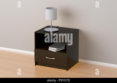Dunkelbraun Nachttisch mit Lampe und Bücher in Home Interior. Mit Beschneidungspfad um Nachttisch isoliert. 3D-Darstellung Stockfoto