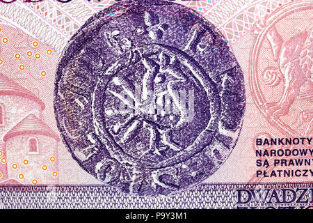 Polnische Banknoten in der Nähe fotografiert. Geld wert 20 Zloty. Kleine Schärfentiefe Stockfoto