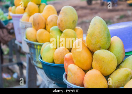 Gelbe und grüne afrikanischen mango Obst in kleine Portionen für den Verkauf in einem Markt angeordnet. Stockfoto