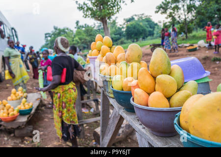 Gelbe und grüne afrikanischen mango Obst in kleine Portionen für den Verkauf in einem Markt angeordnet. Stockfoto