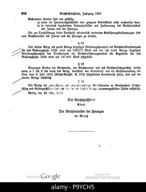 513 Deutsches Reichsgesetzblatt 1921 039 0378 Stockfoto