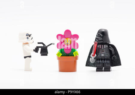 Ego Storm Trooper Bewässerung Flower Girl mit Darth Vader zu beobachten. Lego Minifiguren sind von der Lego Gruppe hergestellt. Stockfoto