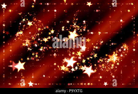 Gold Sterne Hintergrund. Gelb glänzend grafische Kulisse. golden glänzt Konfetti fällt. Magic leuchtende Fliegende glitzern am Nachthimmel kosmischen Hintergrund, Spa Stockfoto