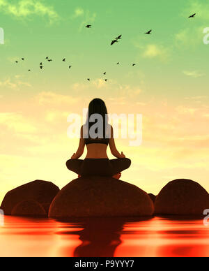 3D-Darstellung der Silhouette Frau Meditation Yoga auf dem Stein am Meer Stockfoto