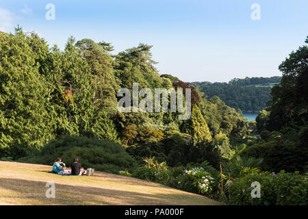 Leute genießen ein Picknick auf der Wiese im Trebah Garten in Cornwall. Stockfoto