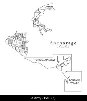 Moderne Stadtplan - Anchorage Alaska Stadt der USA mit Nachbarschaften und Titel Übersichtskarte Stock Vektor