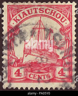 . Stempel des Deutschen Reiches - Deutsche Kolonien - Kiautschou; koloniale Schiff Zeichnung; 1909; endgültige Stempel; chinesische und US-Dollar Währung Stempel: Michel: Nr. 30 (1909); AFA Nr. 30 (DR-KIA, 1909) Farbe: Rosy Wasserzeichen: Deutschland Nr. 1 (rhombs) Nennwert: 4 Cent Porto Gültigkeit: von 1909 bis zum 7. November 1914. 1909 (erste Ausgabe des Stempels) Tsingtau, 8. Februar 1914 (Poststempel) 591 DRCol 1909 Kia MiNr 30 B002a Stockfoto