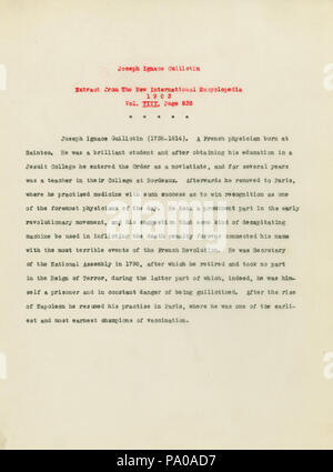 634 Auszug aus: dieneuen Internationalen Encyclopediaabout Joseph Ignace Guillotin, 1903 Stockfoto