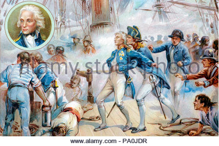 Schlacht von Trafalgar Oct 21 1805, in c 1900 veröffentlicht. Vice Admiral Horatio Nelson inset. Stockfoto