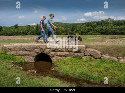 Plymouth, Devon. 19. Juli 2018. Burrator Vorratsbehälter auf Dartmoor in Devon, die jetzt auf nur 41,9 % der Kapazität, Teile des 15. Jahrhunderts Langstone Manor Estate. Gras und andere Pflanzen haben begonnen, wieder den Boden unter den Füßen von Wasser. Credit: Paul Slater/Alamy leben Nachrichten Stockfoto