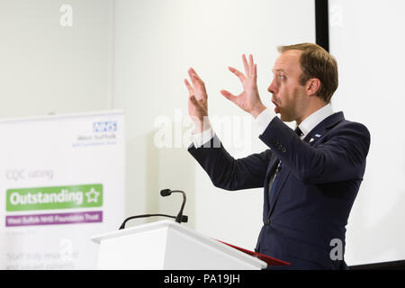 Bury St Edmunds, Großbritannien. Juli 2018 20. Matt Hancock neu ernannten Gesundheit und Soziales Sekretärin stellt fast eine halbe Milliarde Pfund Finanzierung zu den NHS, an der West Suffolk Krankenhaus. Stockfoto