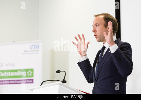 Bury St Edmunds, Großbritannien. Juli 2018 20. Matt Hancock neu ernannten Gesundheit und Soziales Sekretärin stellt fast eine halbe Milliarde Pfund Finanzierung zu den NHS, an der West Suffolk Krankenhaus. Stockfoto