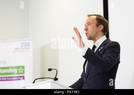 Bury St Edmunds, Großbritannien. Juli 2018 20. Matt Hancock neu ernannten Gesundheit und Soziales Sekretärin stellt fast eine halbe Milliarde Pfund Finanzierung zu den NHS, an der West Suffolk Krankenhaus. Stockfoto