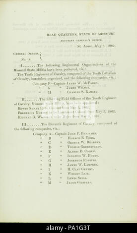 697 Allgemeine Aufträge, Nr.18, der Wm. D. in Holz, Oberst und Adjutant General, Head Quarters, Zustand von Missouri, der Adjutant General Office, St. Louis, 8. Mai 1862 Stockfoto