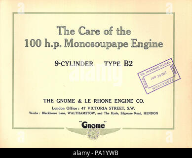 . Titel Seite 9 Zylinder, Typ B2, Gnome & Le Rhone Motor Co., Juni 1917 Gnome Le Rhone bin onosoupape" (Ventil) B2 9-Zylinder Rotary Engine von WW 1. Weitere Bilder aus dieser Quelle in Gnome Monosoupape Flugmotor Handbuch zu sehen. 1917 oder früher 715 Gnome Monosoupape Titel Seite Stockfoto