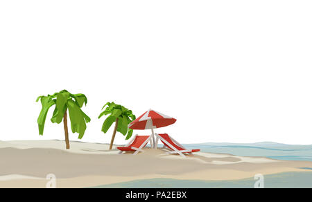 Lounge und Regenschirm auf Sand Strand Insel 3D-Darstellung Stockfoto