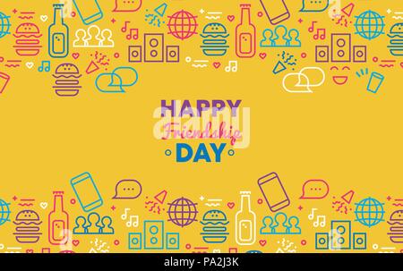 Glückliche Freundschaft Tag Grußkarte Abbildung mit lustigen Symbol Dekoration im Stil. Moderne soziale Netzwerk Symbole für Internet Freunde oder Stock Vektor