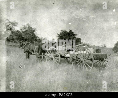 . Englisch: Zwei Pferde mit einem buckboard mit Verbrauchsmaterialien für die Lager gefüllt, im Empire Ranch ca. 1899 - im Pima County in Arizona. * Die Reich-ranch durch den Kauf andere ranches oder Auftraggeber zu betreiben und Vieh auf andere ranches Platz erweitert. An einer Stelle wurde geschätzt, die Ranch fallen etwas mehr als eine Million Hektar. Während die Zusammenfassung der Saison gibt, wurden zerstreut Lagern entlang der Ranch. Versorgt wurden mit buckboards transportiert. . Ca. 1899 619 Reich-ranch Arizona Buckboard Versorgung lagern ca. 1899 Stockfoto