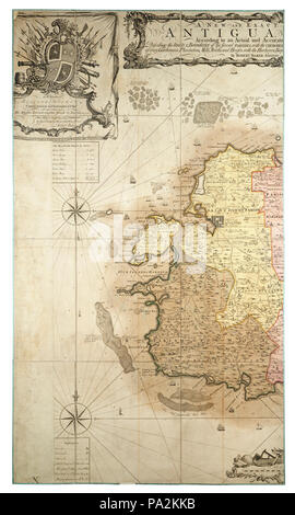 Eine neue und genaue Karte der Insel Antigua in Amerika, entsprechend einer tatsächlichen und genaue Umfrage gemacht in den Jahren 1746, 1747 und 1748. Stockfoto