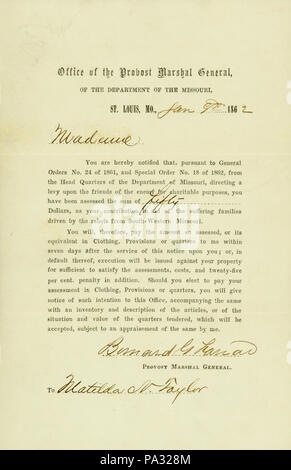 161 Bewertung erteilt Matilda N. Taylor durch Provost Marshal, Bernard G. Farrar, in St. Louis, 9. Januar 1862 Stockfoto