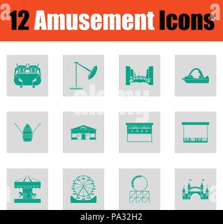Vergnügungspark Icon Set. Grün auf grau Design. Vector Illustration. Stock Vektor