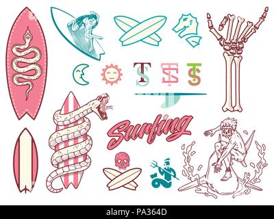 Surf Paket gefärbt ist ein Vektor illustration Set mit verschiedenen Designs Stock Vektor