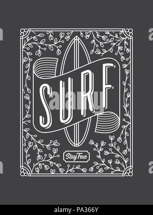 Es ist ein weiß auf schwarzem Hintergrund Vector Illustration zeigt ein Surfbrett durch ein Banner umgeben Stock Vektor