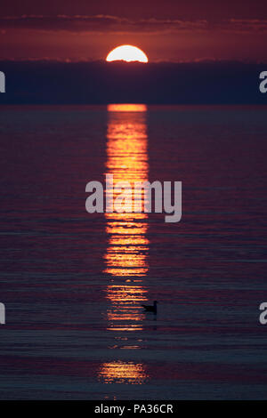 Sonnenaufgang und Sonnenuntergang über Meer aus Penmon Punkt auf Anglesey mit schönen Reflexion über die Meeresoberfläche, Anglesey, Wales Stockfoto