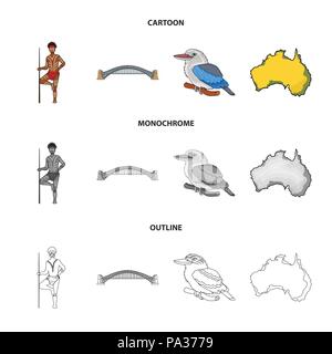 Aborigine mit einem Speer, Sydney Harbour Bridge, kookabarra auf einem Zweig, das Territorium des Landes. Australien set Sammlung Icons im Cartoon, Outline, m Stock Vektor