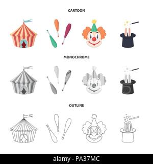 Zirkuszelt, jongleur Streitkolben, Clown, Zauberer Hut. Circus Collection Symbole im Cartoon, Outline, Schwarzweiß-Stil vektor Symbol lieferbar Abbildung. Stock Vektor