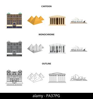 Sehenswürdigkeiten in verschiedenen Ländern Cartoon, Outline, monochrome Icons im Set Sammlung für Design. Berühmte Gebäude vektor Symbol lieferbar Abbildung. Stock Vektor