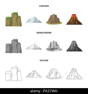 Schroffe Felsen, ein Vulkanausbruch, ein Berg mit einem Strand, einem Gletscher. Verschiedene berge Sammlung Icons im Cartoon, Outline, Schwarzweiß-Stil ve Stock Vektor