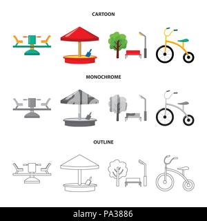 Karussell, Sandkasten, Park, Dreirad. Spielplatz set Sammlung Icons im Cartoon, Outline, Schwarzweiß-Stil vektor Symbol lieferbar Abbildung. Stock Vektor