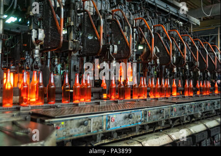 Automatisierten Fertigungslinie für die Herstellung von Glasbehältern. Die Flaschen werden auf einem beweglichen Förderband setzen Stockfoto