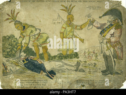 . Englisch: Horizontale handcolorierte Kupferstich zeigt ein britischer Offizier, Indianer zu Kopfhaut und amerikanischer Soldat. Es ist ein Gedicht unter dem Bild. Der Titel wird oben auf der Seite.. Titel: "eine Szene auf der Grenzen in der Praxis der humanen Briten und ihrer Verbündeten würdig!'. ca. 1812 1" eine Szene auf der Grenzen in der Praxis der humanen Briten und ihrer Verbündeten verdient!" Stockfoto
