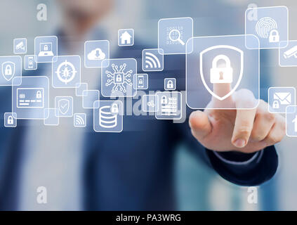 Cybersecurity auf Internet, sichere Netzwerkverbindung und Cloud, den Schutz personenbezogener Daten und der Privatsphäre, Technologie gegen e-mail Phishing, Betrug und cyb Stockfoto