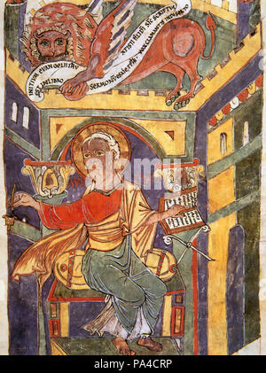 Saint Mark der Evangelist. Miniatur, 11. Jahrhundert. "Das Buch des Evangeliums", St. Mark dargestellt ist Schreiben das Zweite Evangelium, begleitet von dem Symbol der tetramorph: Der geflügelte Löwe. Vatikanischen Apostolischen Bibliothek. Vatikanstadt. Stockfoto