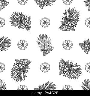 Nahtlose Muster von Hand gezeichnete Skizze stil Ananas und Citrus Schichten. Vector Illustration. Stock Vektor