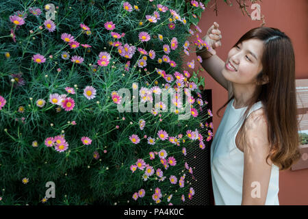 Porträt der Schönen und süßen asiatischen Mädchen Spaß mit Büschen von daisy flower als Hintergrund. Stockfoto