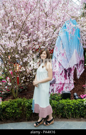 Porträt der Schönen und süßen asiatischen Mädchen Spaß haben und posieren mit Büschen von Cherry Blossom Blüte als Hintergrund. Stockfoto