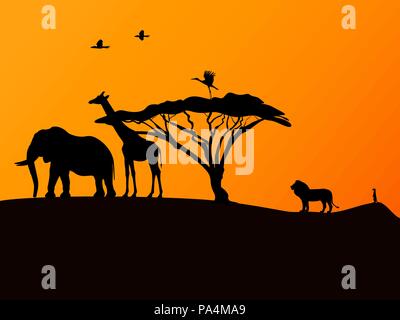 Afrikanischen Sonnenuntergang und Tiere Stock Vektor