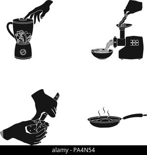Gerät und anderen Web Icon in bleack Stil., applianceequipment, Geräte, Speck, Blade, Mixer, Schüssel, Frühstück, Cafe, Gusseisen, Kochen, Wüste, Gerichte, Ei, Ausrüstung, gebratene Eier, Obst, Pfanne, Glas, Hand, Griff, Symbole im Set Sammlung., Messer, Kartoffelpüree Topf, Essen, Fleisch, Fleischwolf, Frikadellen, Metall, Hackfleisch, Schälen, Kugelschreiber, Kunststoff, Kartoffel, Restaurant, tutsi. Küche Vektor Vektoren, Stock Vektor