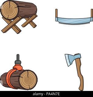 Anmelden unterstützt, Säge, Axt, die Logs. Sägewerk und Holz set Sammlung Icons im Comic-stil Vektor Symbol lieferbar Abbildung. Stock Vektor