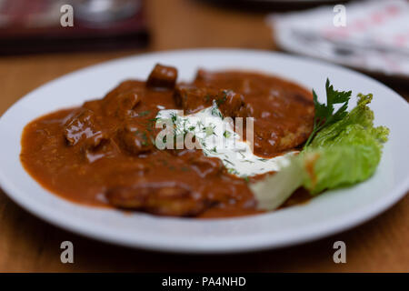 Polnische Rindergulasch mit Salat Kräuter und Sahne. Stockfoto
